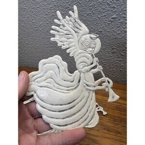 Set of 4 Vintage Metal Angel Wall Hanging Ornaments White Distressed, Length 6”